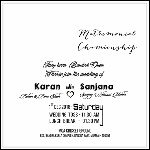 Wedding invitation card Cricket Fever - Parekh Cards